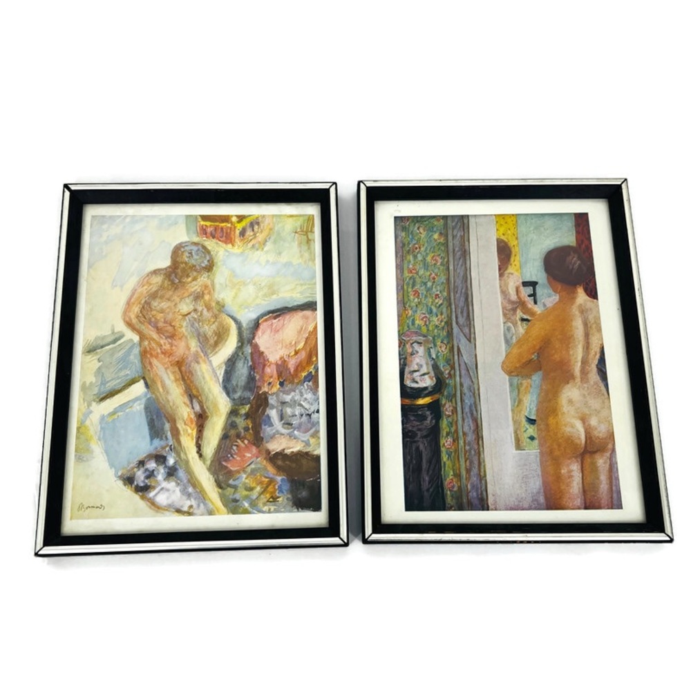 VTG Pierre Bonnard Nude Art Prints Set of 2 Framed Swiss MCM Figurative Wall Art